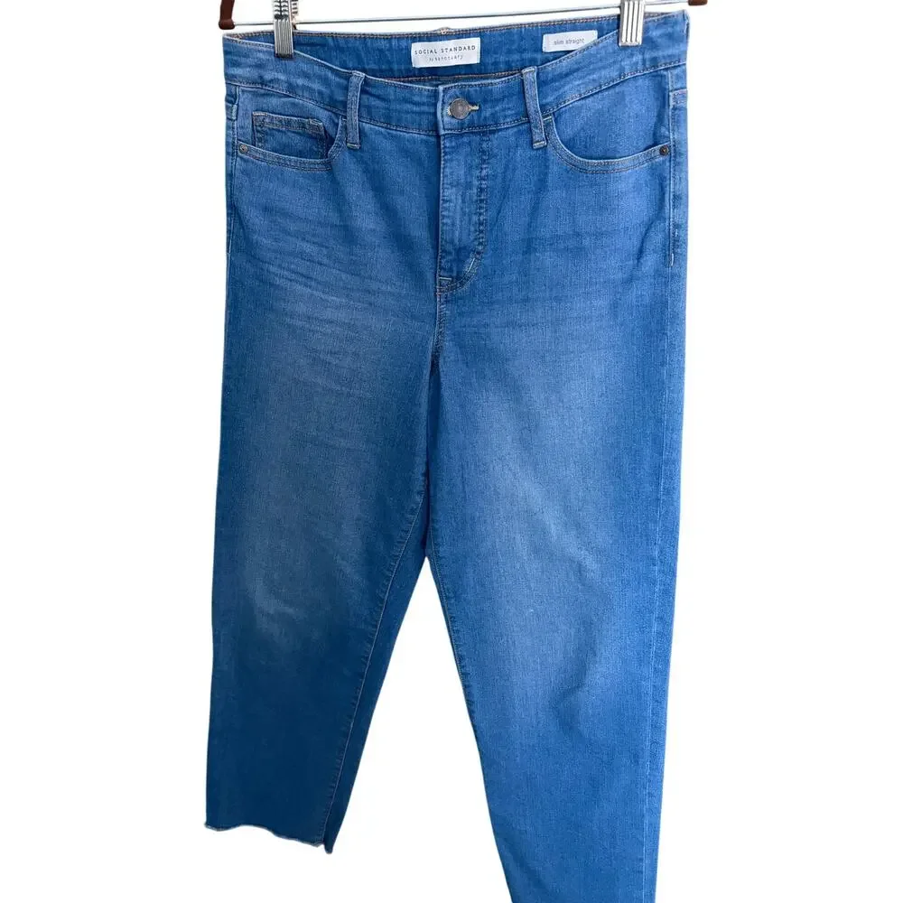 Social Standard by Sanctuary Slim Straight Jeans Women's Blue Stretch Raw Hem 10 - Picture 2 of 7